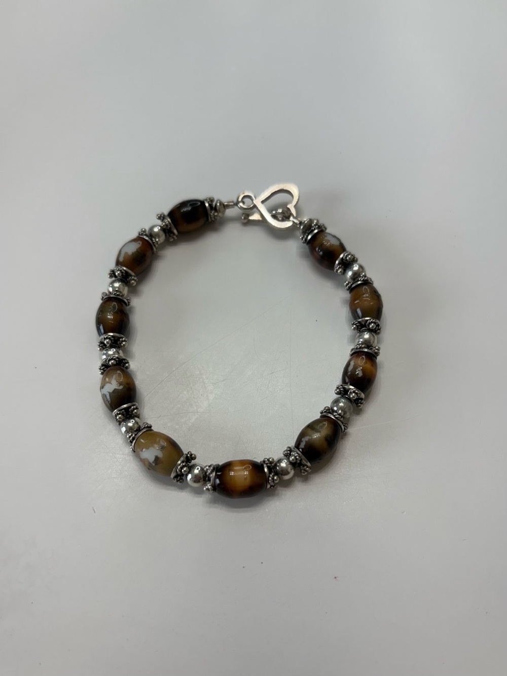 Handcrafted Brown Agate Bead Bracelet with Silver Accents